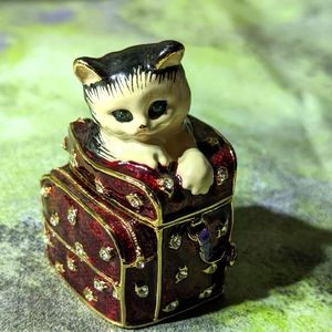 Adorable Jeweled Kitten Cat Kitty in A Suitcase Trinket Box